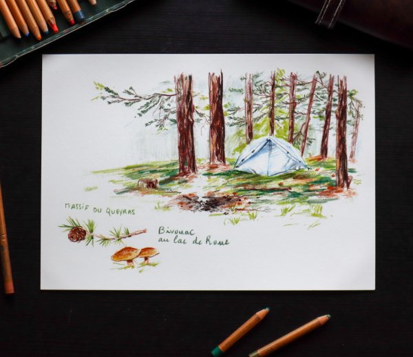 Croquis de voyage - Bivouac au lac de roue